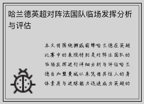 哈兰德英超对阵法国队临场发挥分析与评估