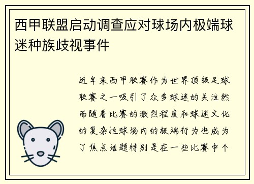 西甲联盟启动调查应对球场内极端球迷种族歧视事件 西甲联盟启动调查应对球场内极端球迷种族歧视事件