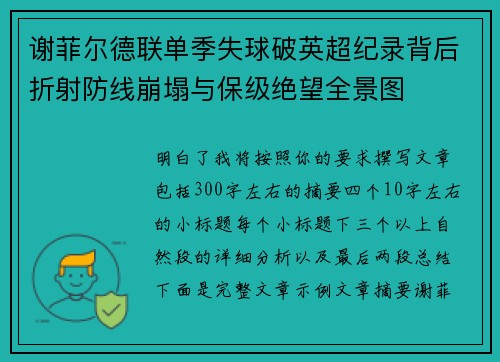 谢菲尔德联单季失球破英超纪录背后折射防线崩塌与保级绝望全景图