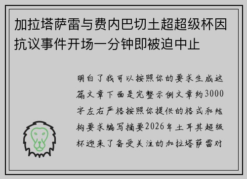 加拉塔萨雷与费内巴切土超超级杯因抗议事件开场一分钟即被迫中止